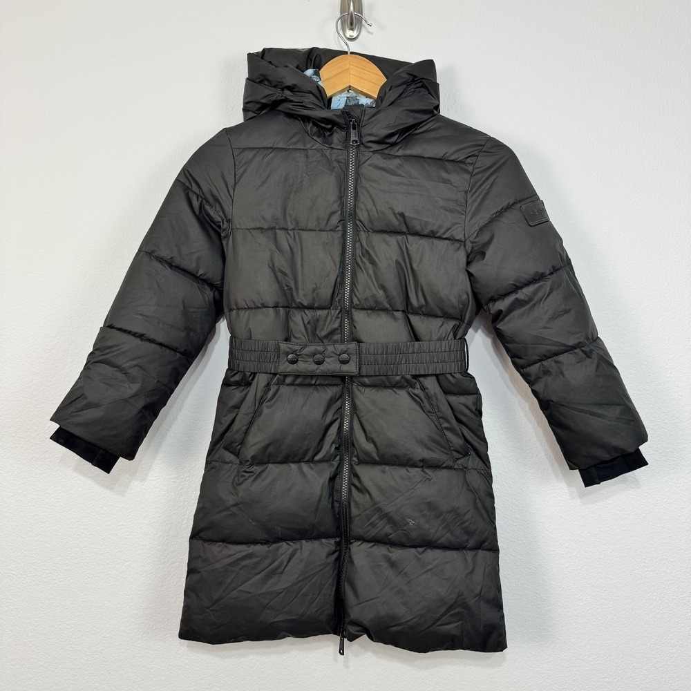 Reiss Coat Girls 7-8Y Black Puffer‎ Hooded Belted Long Floral Lined Warm Winter